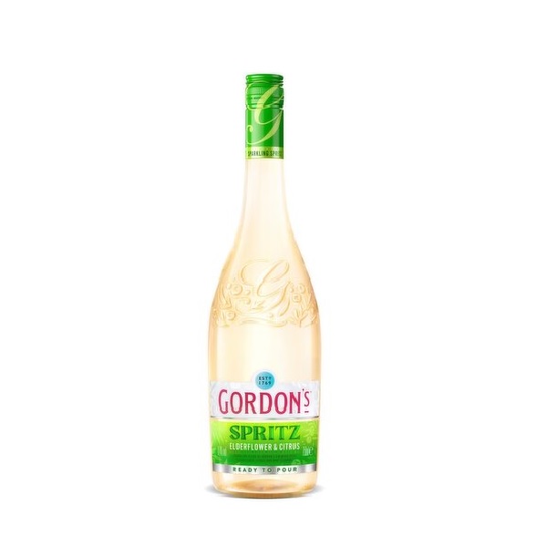 Gordon's Elderflower and Citrus Spritz in a clear bottle with a green top and a green and white label.