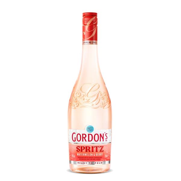 Gordon's Spritz Watermelon and Berry with a light pink colour and a pink and white label.
