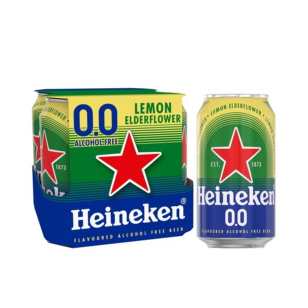 Heineken 0.0 Lemon Elderflower Alcohol Free in a blue green and yellow can with a red star.