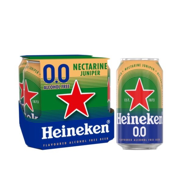 Heineken 0.0 Nectarine Juniper Alcohol Free in a blue green and orange can with a red star.