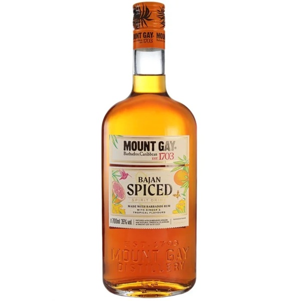 Mount Gay Bajan Spiced rum in an orange colour with a white label and black text.