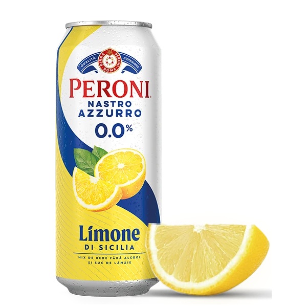 Peroni 0.0 Limone Alcohol Free in a yellow blue and white can.