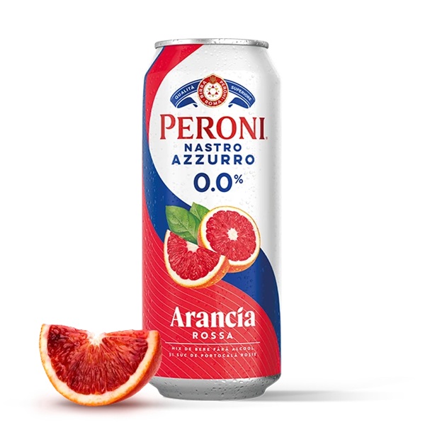 Peroni 0.0 Arnacia Rossa Alcohol Free in a red blu eand white can.