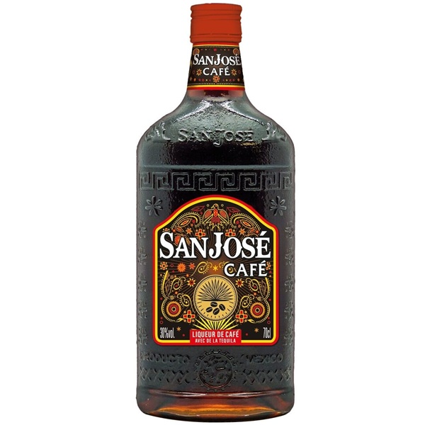 San José Café Tequila in a dark bottle with a gold and red label.