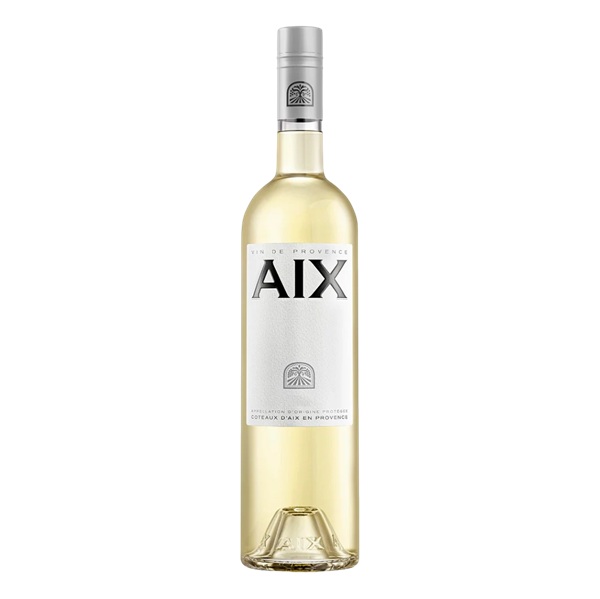 AIX Vin Blanc de Provence in a clear bottle with a white label and black text.