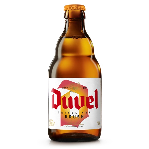 Duvel Tripel Hop Krush in a brown bottle with red text on a white label.