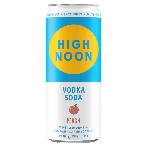 High Noon Peach Vodka Soda in a blue and white can with a yellow circle and blue text.