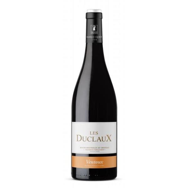 Les Duclaux Ventoux in a dark bottle with a white and orange label.