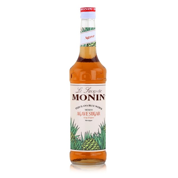 Monin Agave Sugar Syrup golden in colour with a green and white label.