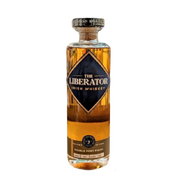 The Liberator Irish Whiskey Double Port Finish in a clear bottle with a dark blue label and white text.
