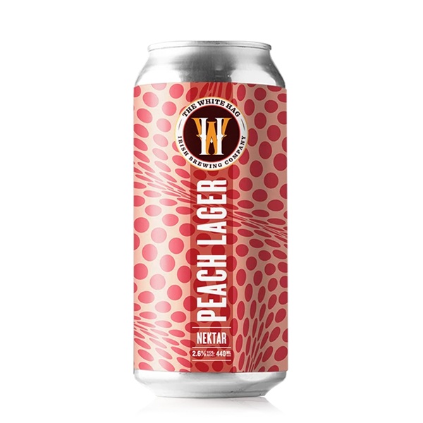 The White Hag Nektar Peach Lager in a patterned orange can with white text.