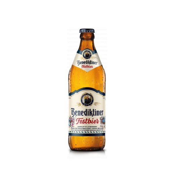 Benediktiner Festbier in a brown bottle with a cream label and navy and red text.
