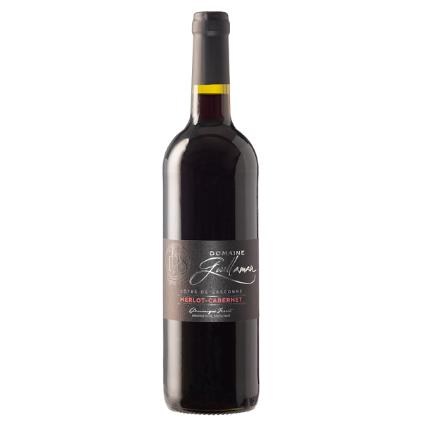 Domaine Guillaman Merlot Cabernet in a dark bottle with a black label and white and red text.