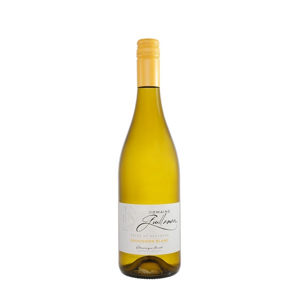 Domaine Guillaman Sauvignon Blanc in a green tint bottle with an orange top and a white label with black and orange text.