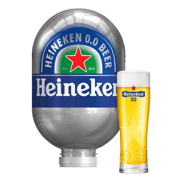 Heineken 0.0 Alcohol Free Blade Keg silver in colour with a blue label and white text.
