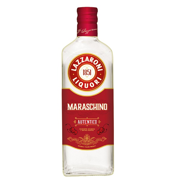 Lazzaroni Maraschino in a clear bottle with a red top and a red label.