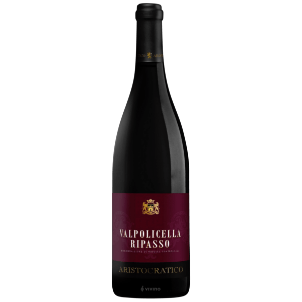 Aristocratico Valpolicella Ripasso in a dark bottle with a wine colour label.