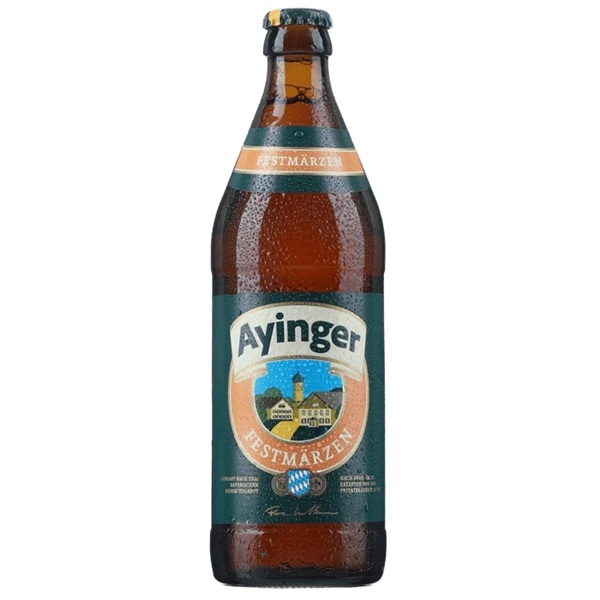Ayinger Festmarzen in a brown bottle with a green and orange label.