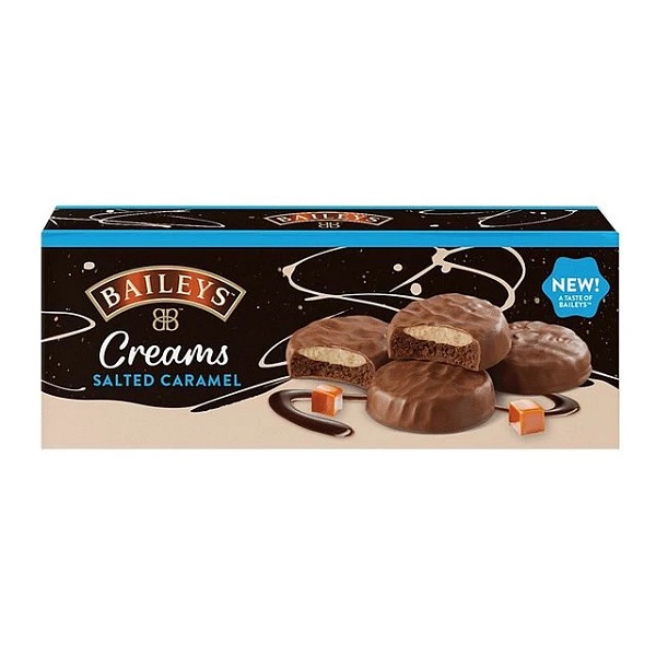 Baileys Creams Salted Caramel with chocolate biscuits on a dark brown, cream and blue box.