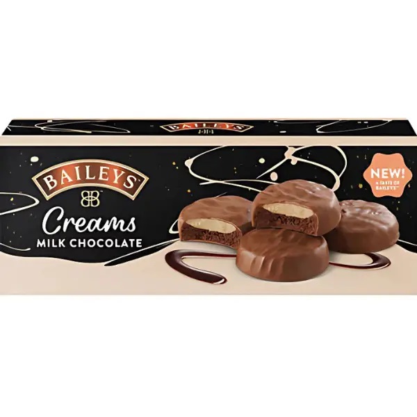 Baileys Creams Milk Chocolate in a dark brown and cream box with chocolate biscuits on the front.