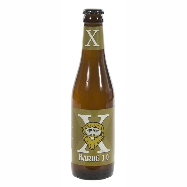 Barbe10 X in a brown bottle with a bearded mans face on a gold label.