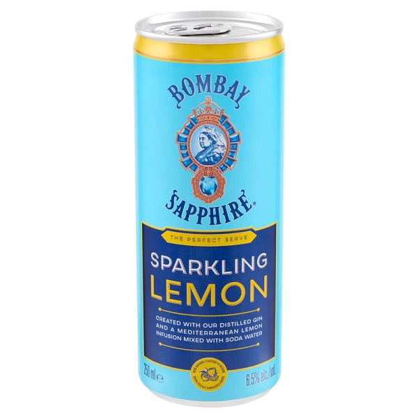 Bombay Sapphire Sparkling Lemon in a blue can with blue white and yellow text.