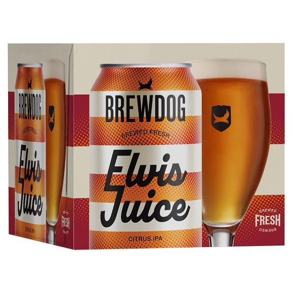 Brewdog Elvis Juice in a orange and cream striped box with a glass and a can on the front and black text.