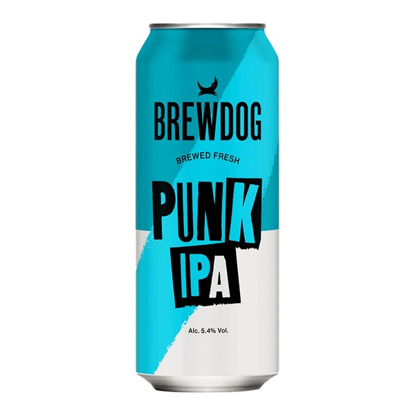 Brewdog Punk IPA in a blue and silver can with black text.