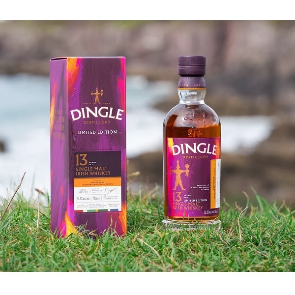 Dingle Distillery 13 Year Old Single Malt in a pink, purple and orange box with white and gold text.