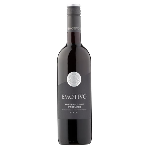 Emotivo Montepulciano D'Abruzzo in a black bottle with a black label and white text.