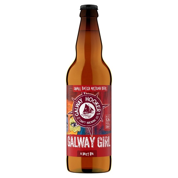 Galway Hooker Galway Girl Hazy IPA in a brown bottle with a red label and white text.