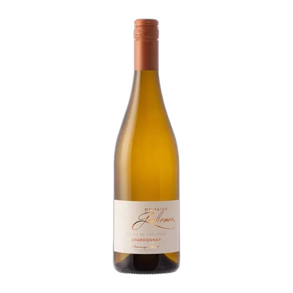 Domain Guillaman Chardonnay in a green glass bottle with a bronze colour top and a cream label with gold text.