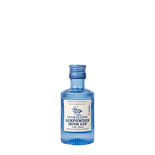Drumshanbo Gunpowder Irish Gin in a light blue bottle with a cream and blue label.