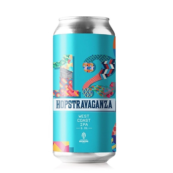 The White Hag Hopstravaganza 12 West Coast IPA in a blue can with a colourful 12 and white and blue text.