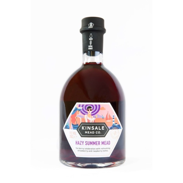 Kinsale Hazy Summer Mead with a dark berry colour and a white label with black text.