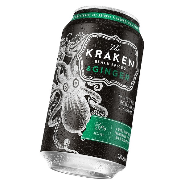 The Kraken Black Spiced and Ginger in a black can with a green stripe and silver text.