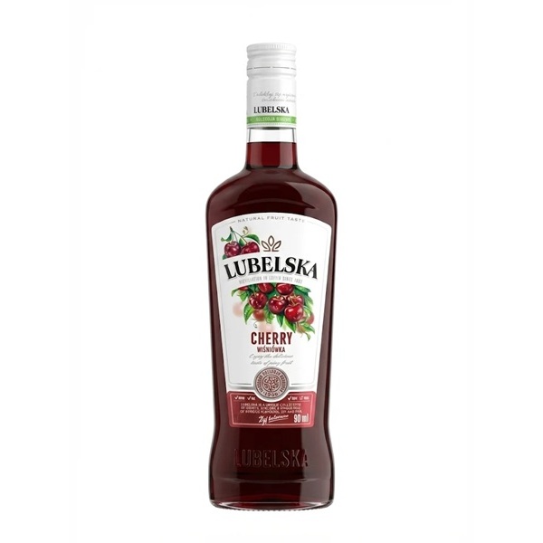 Lubelska Cherry in a dark cherry colour with cherries on a white and wine label and black text.