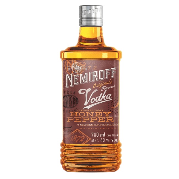 Nemiroff Honey Pepper Vodka in an amber colour with a wine label and white and orange text.