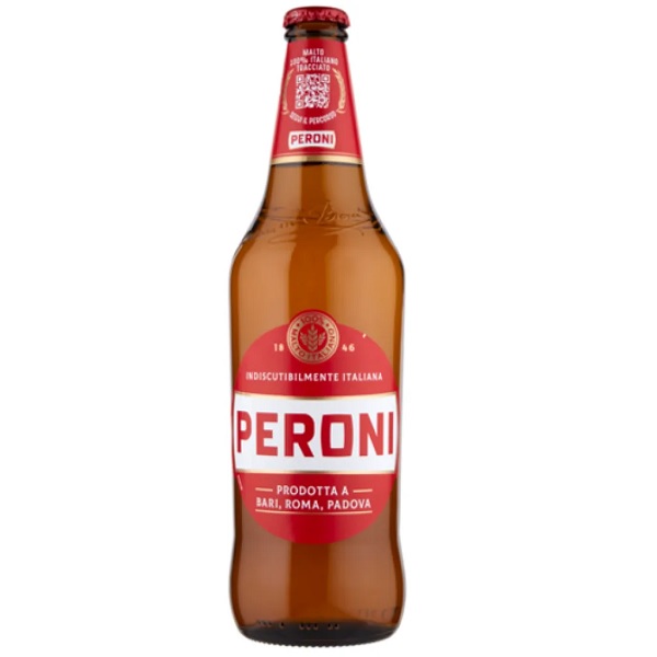 Peroni Original in a brown bottle with a red and white label.