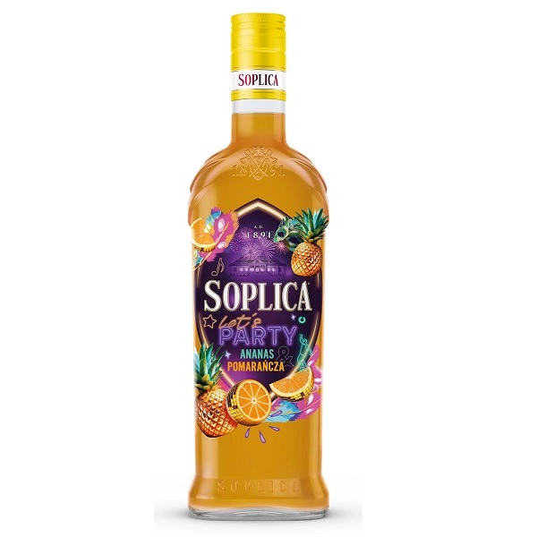 Soplica Let's Party Pineapple Orange in an orange colour with a yellow top, fruit on a purple label.