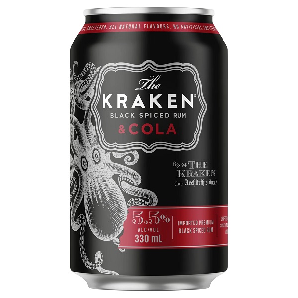 The Kraken Black Spiced and Cola in a black can with a red strip and silver and red text