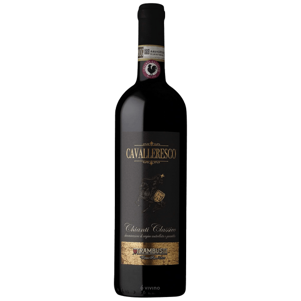 Trambusti Chianti Classico Cavallersco in a black bottle with a black label and gold text.