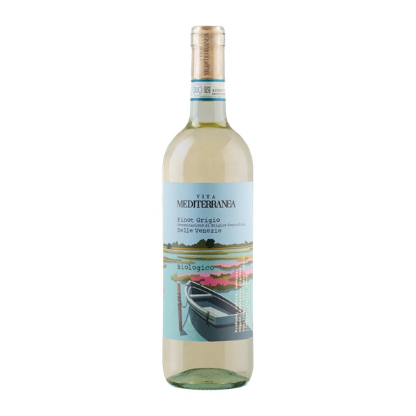 Vita Mediterranea Organic Pinot Grigio in a clear bottle with a boat on a blue and white label and black text.