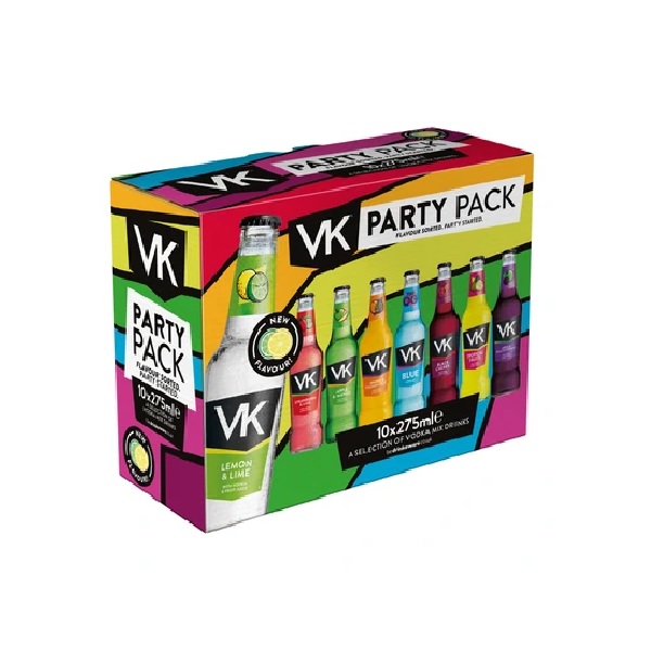 VK Party Pack in a colourful box with ten different vk bottles on the front and black and white text.