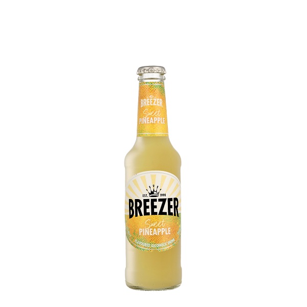 Breezer Sweet Pineapple in a light yellow colour and black text on an orange and white label.