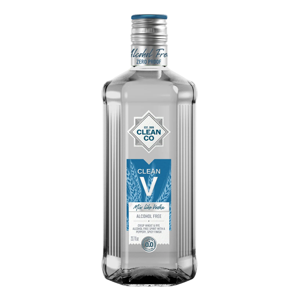 Clean Co Clean V Alcohol Free Vodka in a clear bottle with a blue and white label.