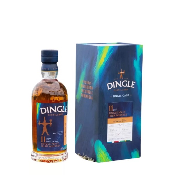 Dingle Distillery 11 Year Old Single Malt Oloroso Sherry Cask in a blue and green box and a glass bottle beside the box.