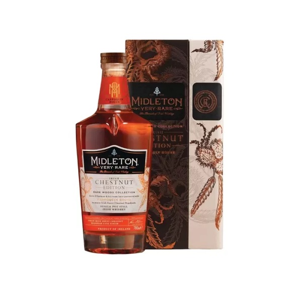 Midleton Very Rare Rare Woods Collection Irish Chestnut Edition in a brown and cream box with a orange, cream and black label on the bottle.
