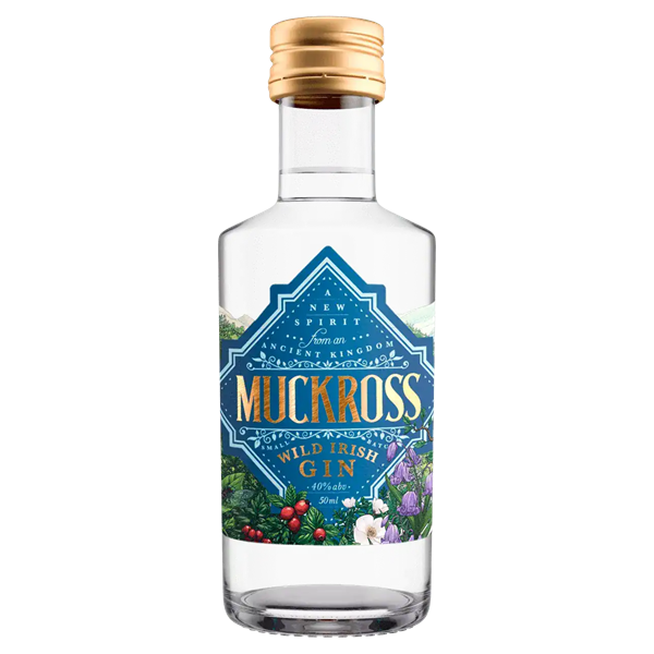 Muckross Wild Irish Gin in a blue tinted bottle with a blue label and flowers.