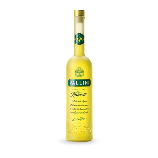 Pallini Limoncello in a frosted glass bottle with lemon colour liqueur and green text.